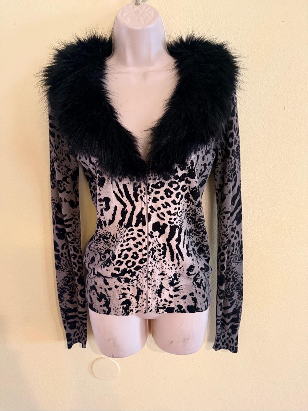 Roberto Cavalli Black Faux-Fur Collar Animal Print Zip Cardigan size small